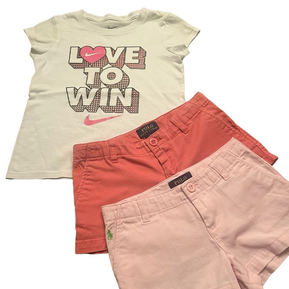 GIRLS CLASSIC CHINO POLO SHORTS AND NIKE TEE SHIRT SIZE 5